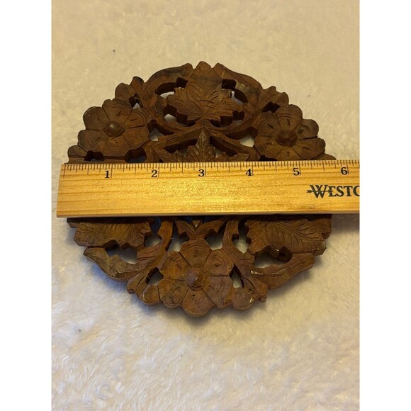 Vintage Sheesham Wood Hand Carved Footed Trivet Floral and Leaf Design - Picture 4 of 4